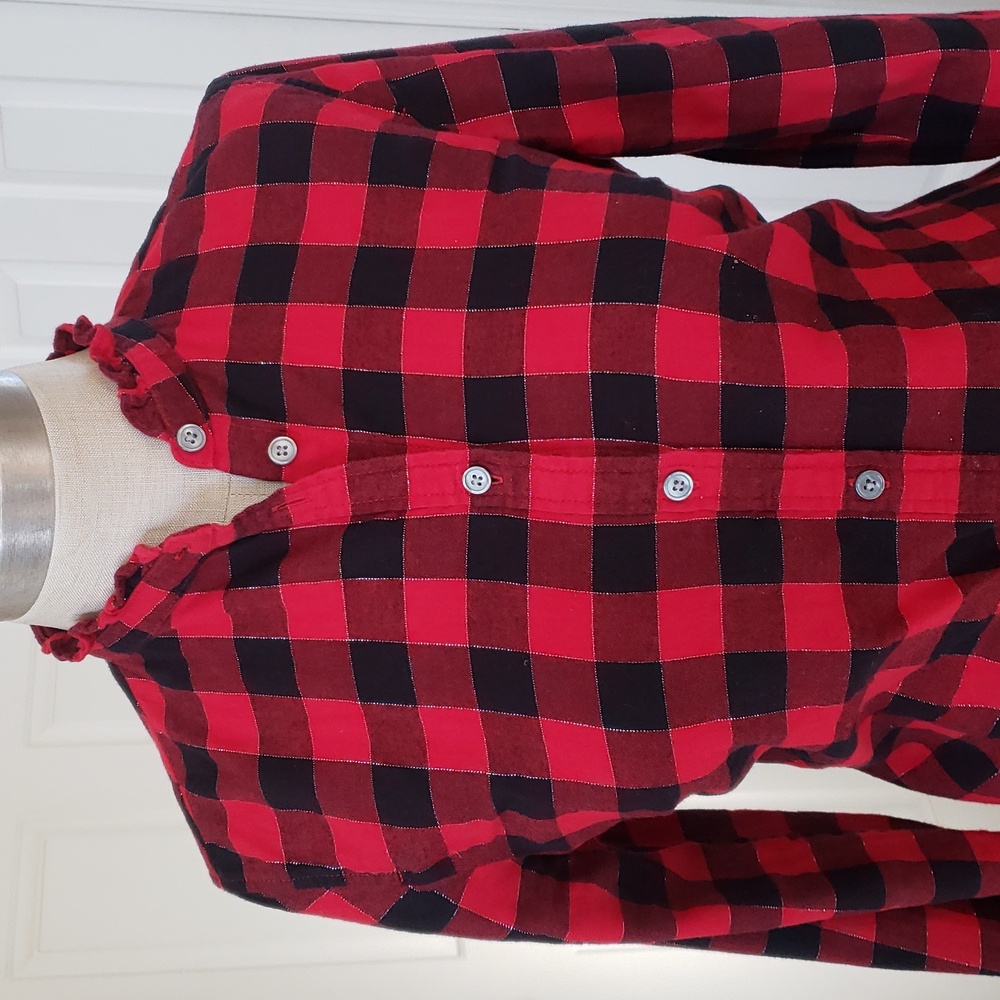 J. CREW FACTORY Buffalo Plaid Ruffle Collar Flannel Shirt Red Black Silver S - Picture 6 of 16